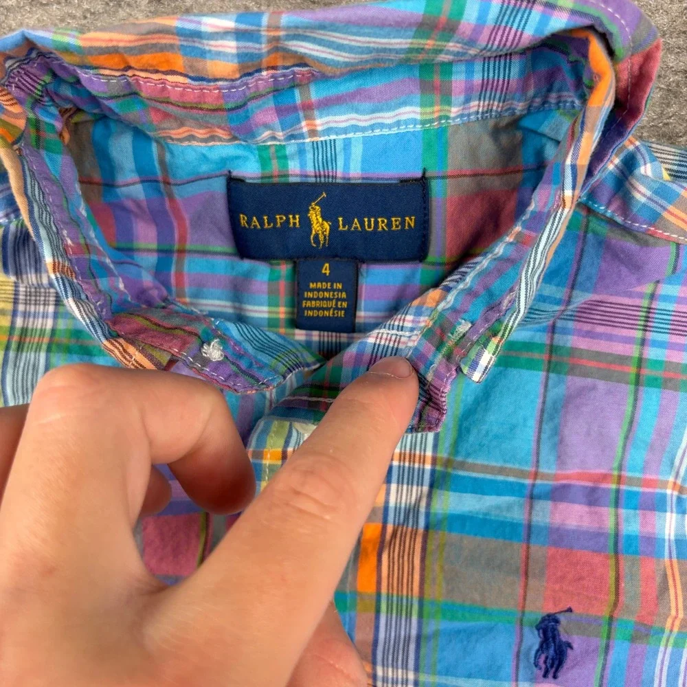 Ralph Lauren Button Down Shirt Boys Size 4 Multicolor Plaid Short Sleeve Cotton